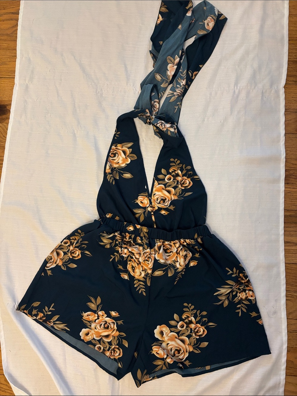 Emerald Green Floral Halter Romper with tan/peach Rose Print